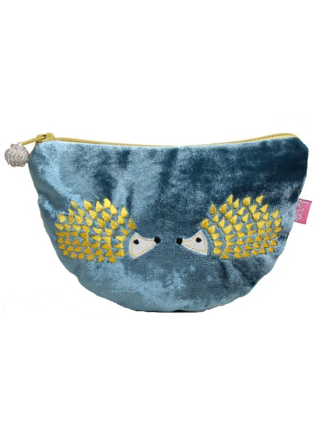 Hedgehog Embroidered Velvet Curved Portemonnaie Petrol Blue 229