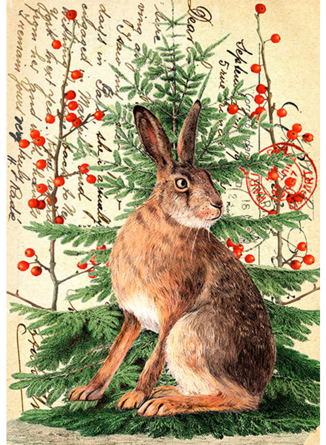 Lièvre de Noël sur carte Page Vintage