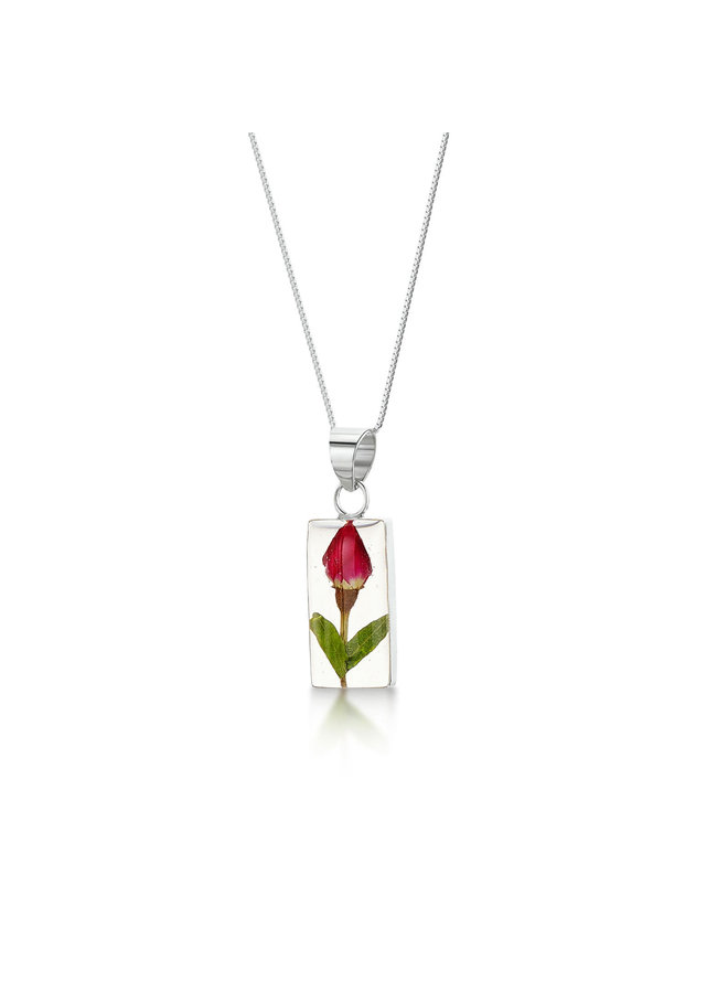 Rose Bud rectangle necklace with real flowers and  silver  120