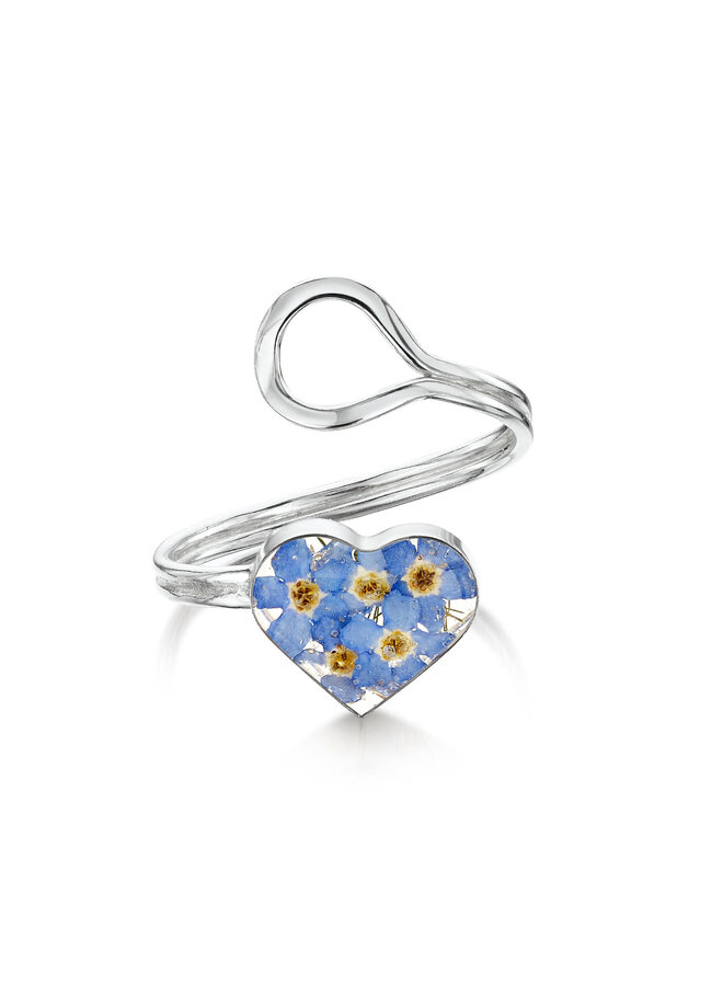 Heart  Forget me not  adjustable ring  real flowers and silver 127