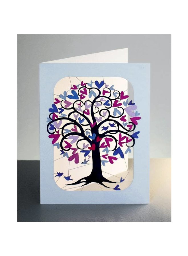 Curly Pink and Lilac heart tree and birds Laser cut card