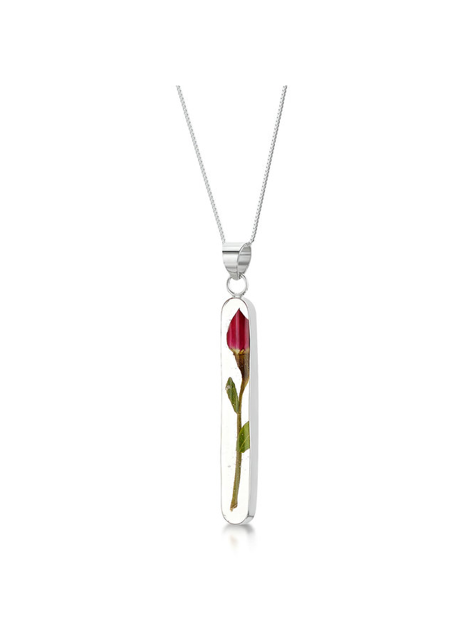 Rose Bud long stem pendant real flowers and silver 129