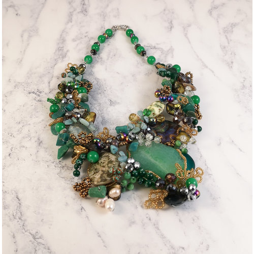 Lotus Feet Green and gold Statement necklace 073 Lotus Feet Green and gold Statement necklace 073