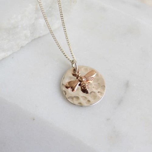 Lime Tree Design Hammered silver disc silver and rose gold vermeil bee necklace 34 Lime Tree Design Hammered silver disc silver and rose gold vermeil bee necklace 34