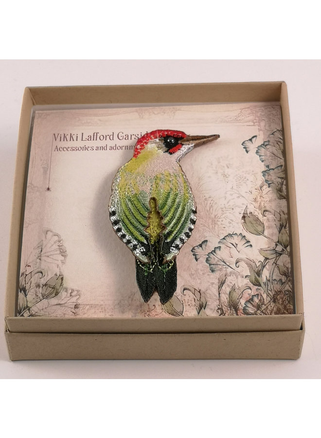 Green Woodpecker beak right embroidered brooch 073