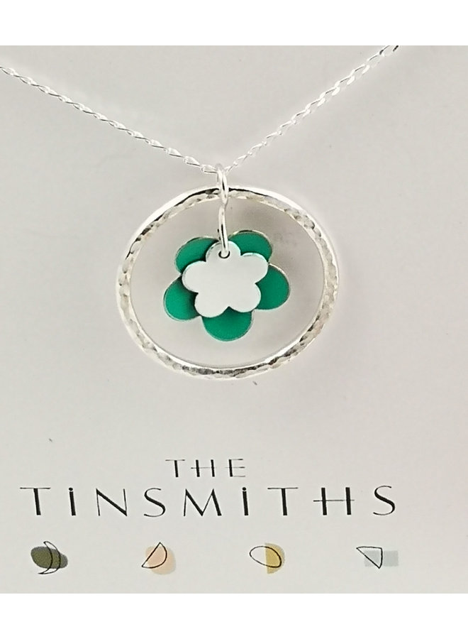Double Green Flower and silver hoop tin & silver necklace 40