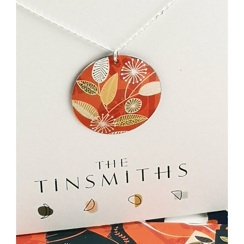 The Tinsmith Coral flowers convex disc tin & silver necklace 35 The Tinsmith Coral flowers convex disc tin & silver necklace 35