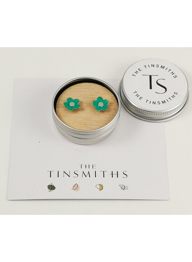 Green Daisy Tiny Stud Pendientes en lata 57