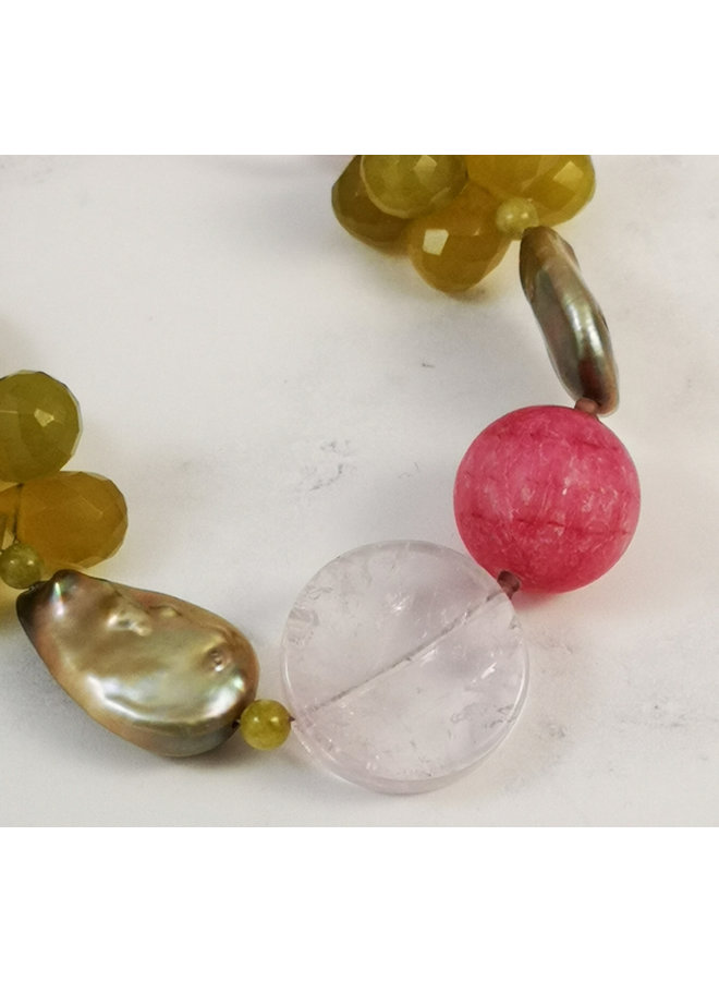 Olive, Pink, pearl  semi- precious stones necklace 003