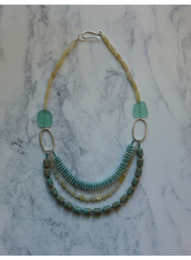 3 Strand Aqua, Yellow Agate, Amozonite Necklace 047