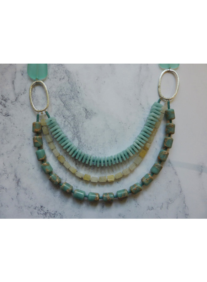 3 Strand Aqua, Yellow Agate, Amozonite Necklace 047