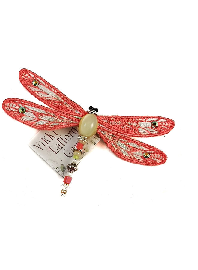 Dragonfly jewelled brooch coral 084