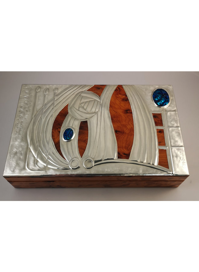 Rose Pewter and Blue Abalone wood hinged box 11 sections 025