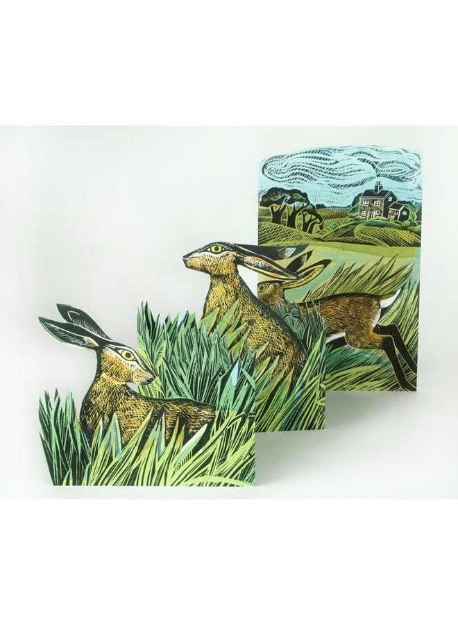 Hares and Open Fields 3D card by Angela Harding