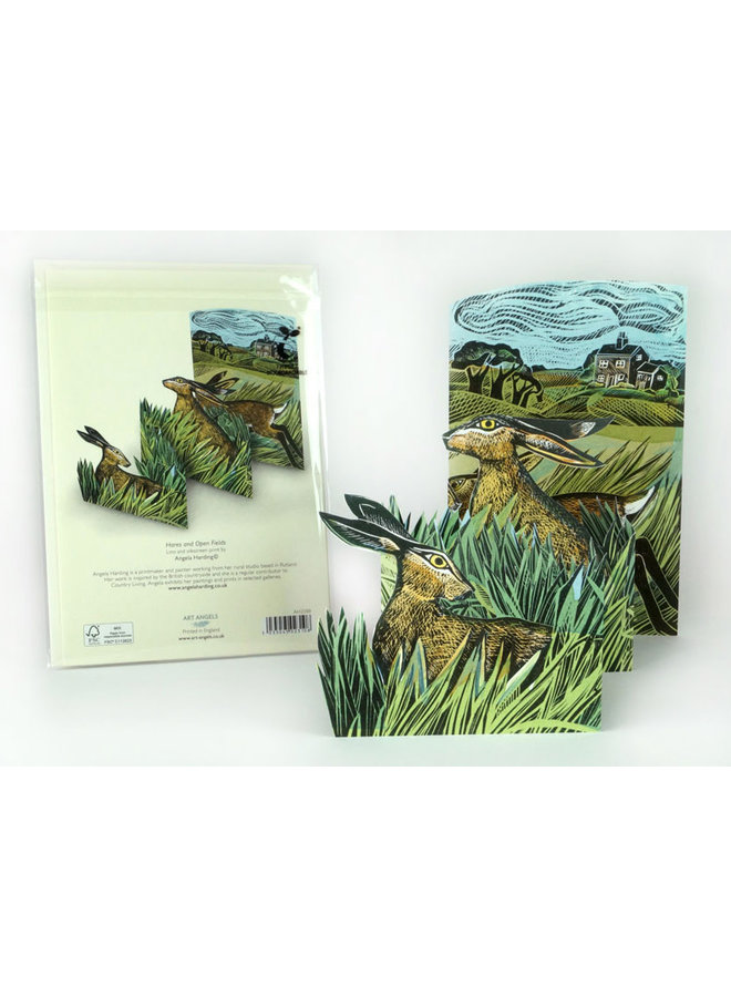 Hares and Open Fields 3D card by Angela Harding