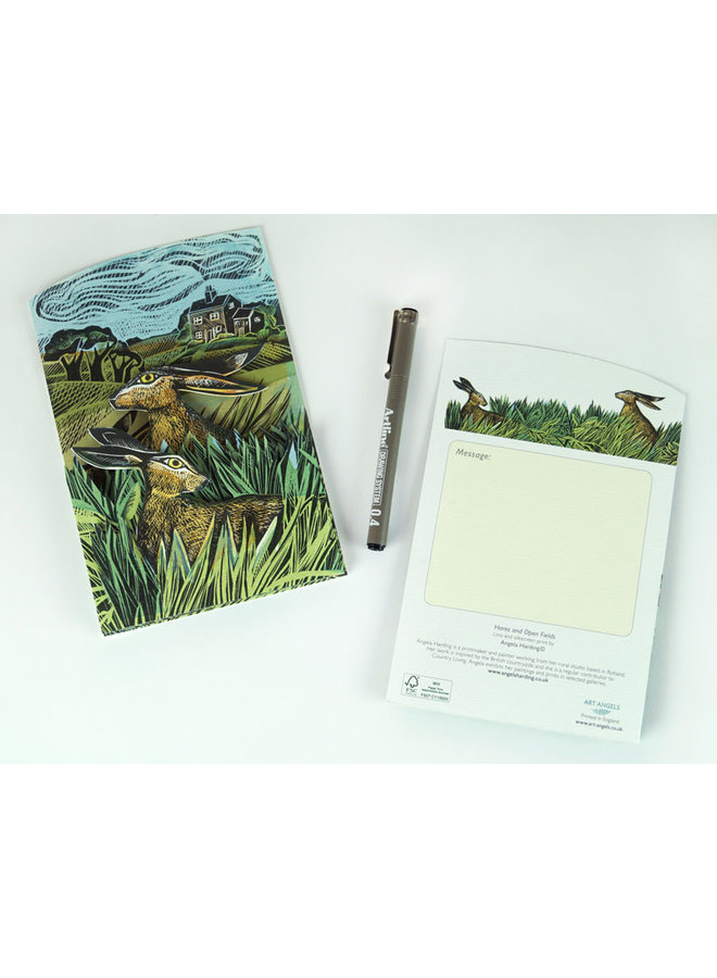 Hares and Open Fields 3D card by Angela Harding