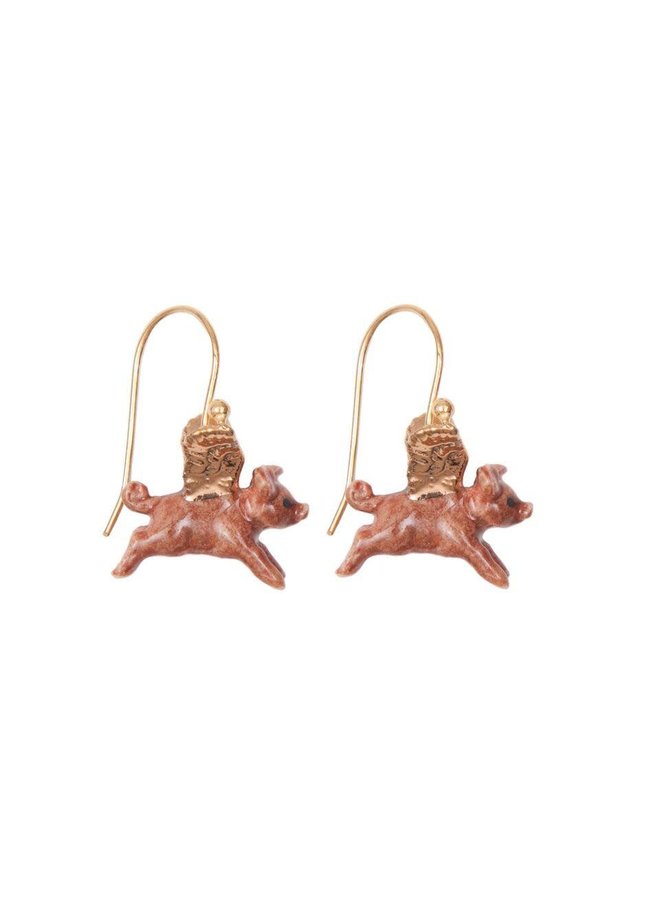 Boucles d'oreilles feuille d'or Flying Pig Porcelaine peinte à la main