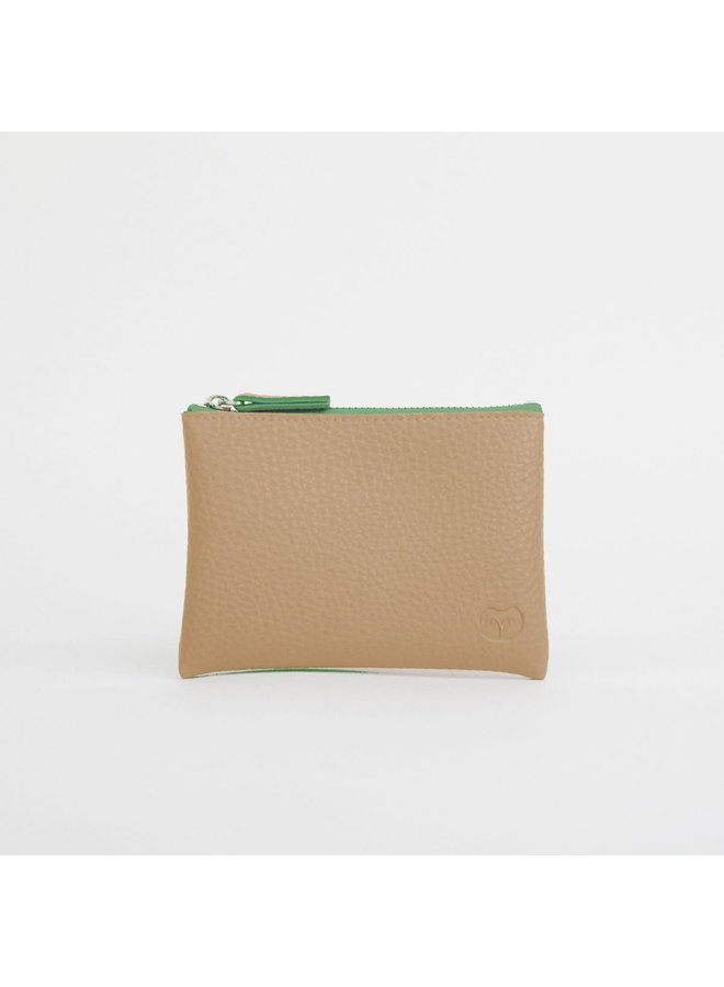 Porte-monnaie beige sable avec fermeture éclair verte 043