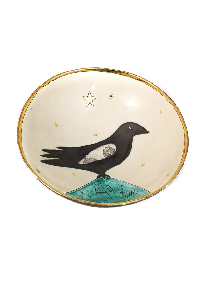 Raven and star  ceramic with gold rim bowl 022