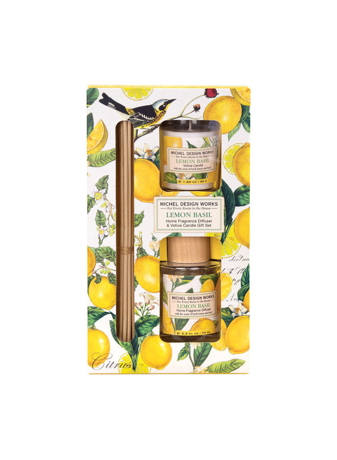 Ensemble diffuseur et bougie votive au citron et au basilic