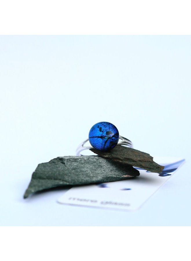 Dark Blue Dichroic Glass and Silver adjustable ring  22