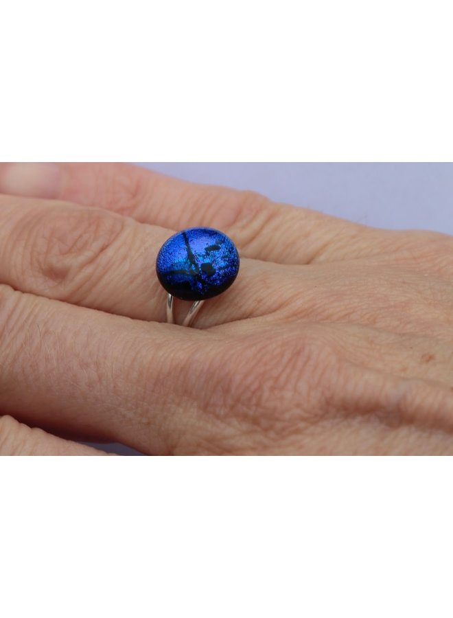 Dark Blue Dichroic Glass and Silver adjustable ring  22