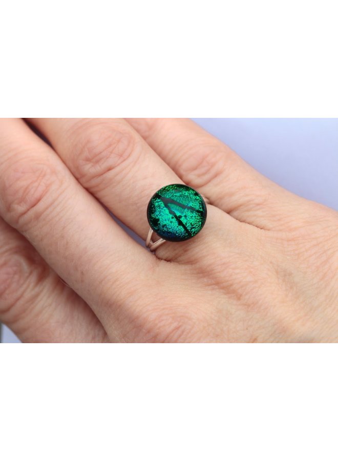 Emerald Dichroic Glass and Silver adjustable ring  24