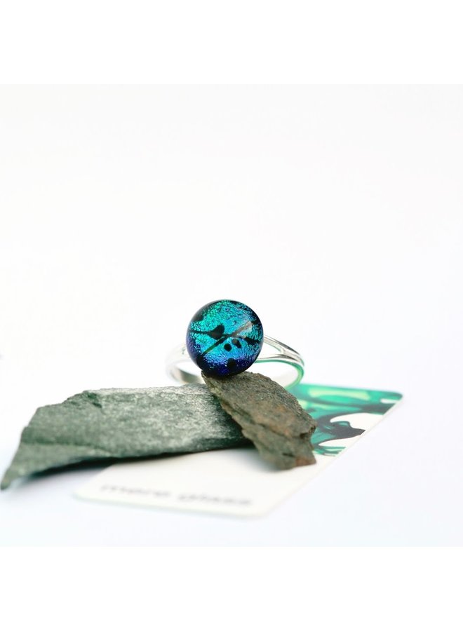 Verstellbarer Ring aus aqua dichroitischem Glas und Silber 26