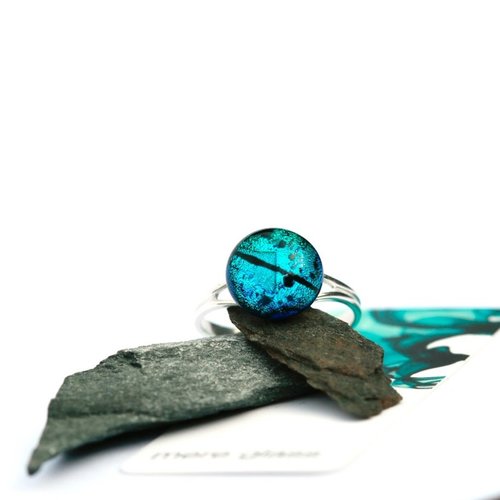 Mere Glass Teal Dichroic Glass und Silver verstellbarer Ring 28 Mere Glass Teal Dichroic Glass und Silver verstellbarer Ring 28