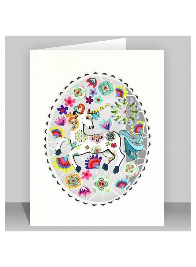 Unicorn in grey oval Laser cut card