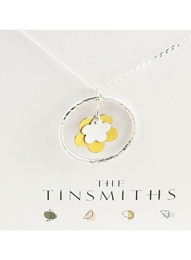 Double  Yellow Flower and silver hoop  tin & silver necklace 41