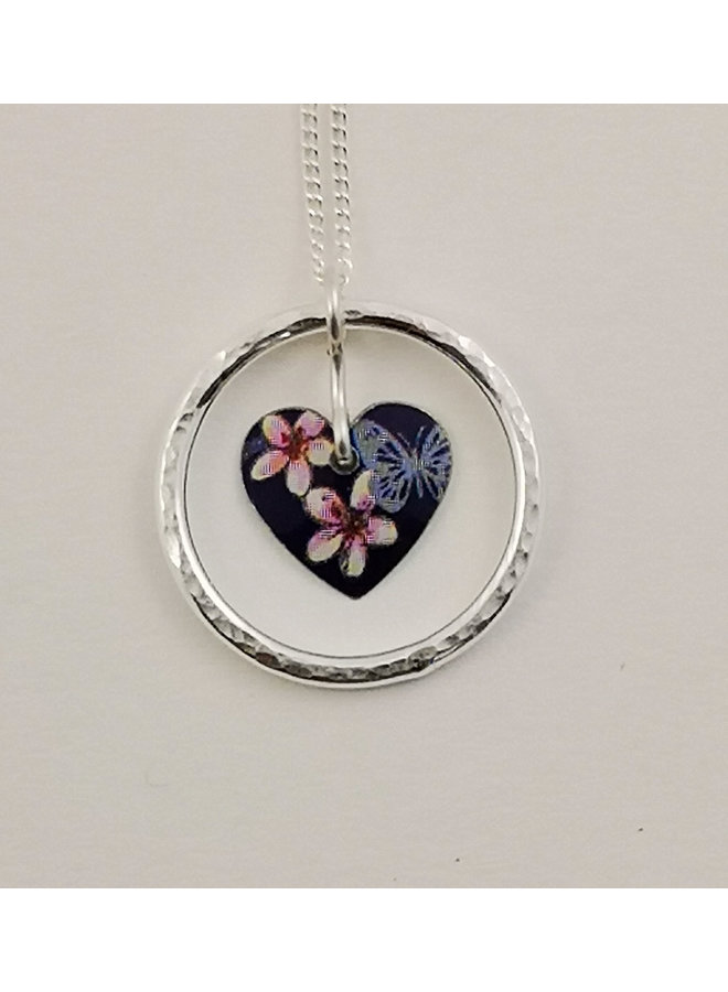 Cherry and Butterfly Circle of Life Heart tin & silver necklace 61