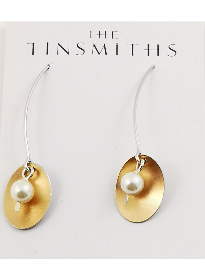Boucles d'oreilles en cuivre ovale et perle en étain et argent 81
