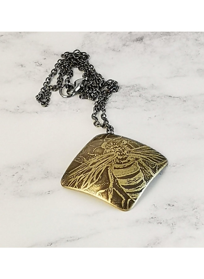Bee square brass metal etched necklace 84