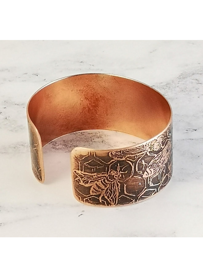 Bees  dark  copper etched cuff 88