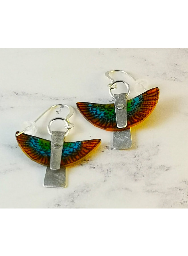 Orange Parot in flight  recycled metals  and plastic  drop earrings 106
