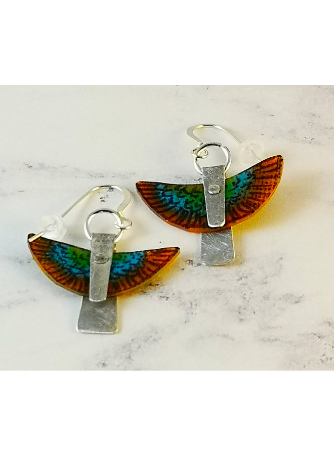 Orange Parot in flight  recylced metals  and plastic  drop earrings 106