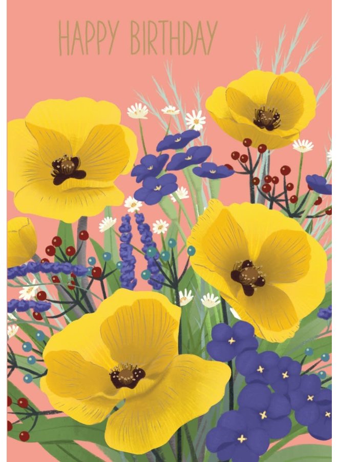 Happy Birthday Yellow Poppies  Gilded Card