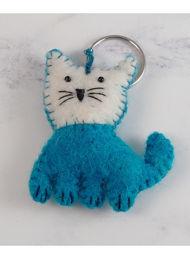 Porte-clés feutre chat bleu 57