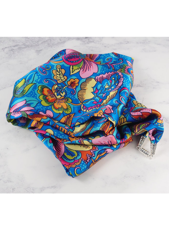 Foulard Satin et Soie Bleu Passiflore avec fermoir aimanté Coffret 118