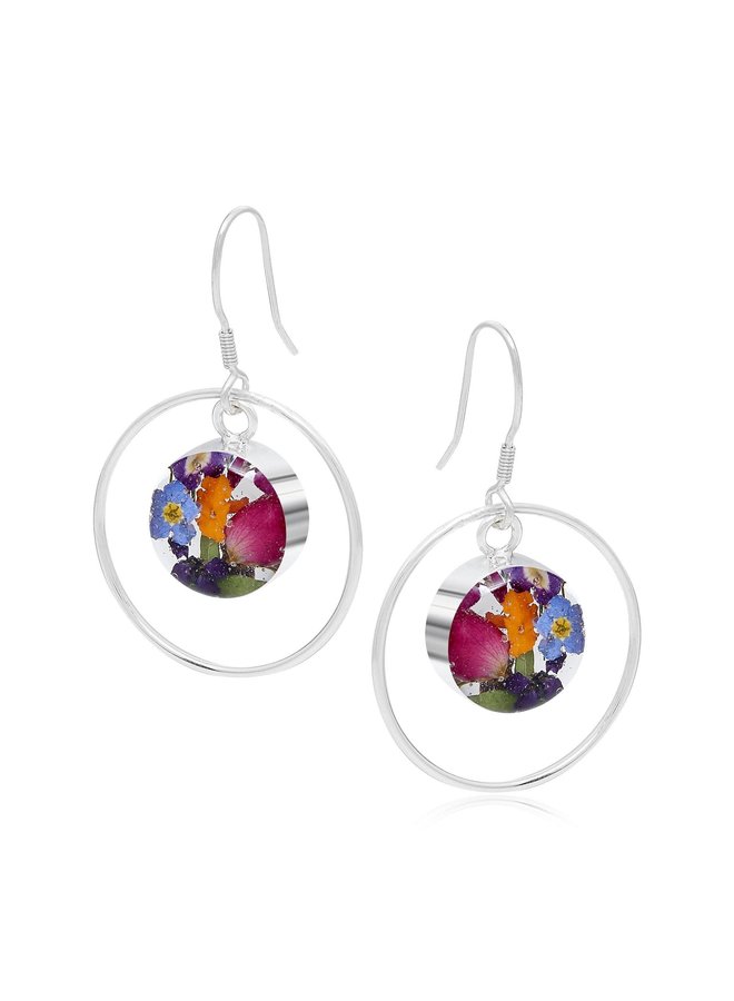 Mixed Flower and silver round hoop earrings 144