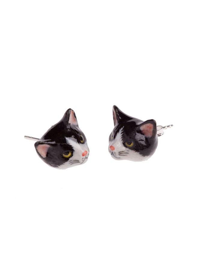 Boucles d'oreilles chat noir et blanc en porcelaine 117