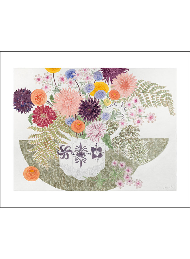 Dahlias, Astrantia and Fern by Angie Lewin