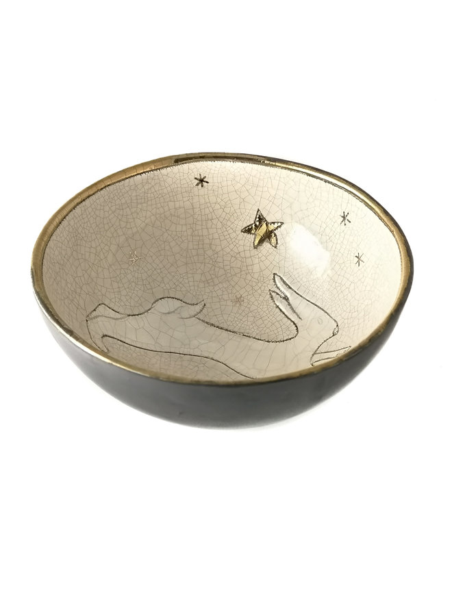 Hare Leaping with Gold Stars Small ceramic bowl 049
