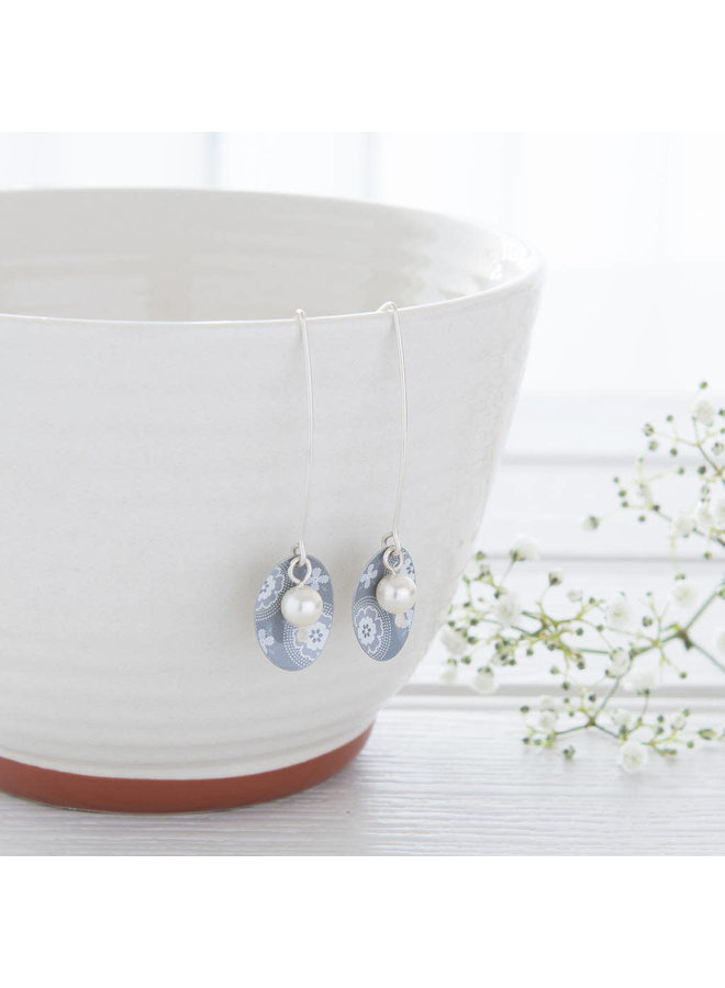 Scandi Grey tin, pearl & silver long drop earrings 126
