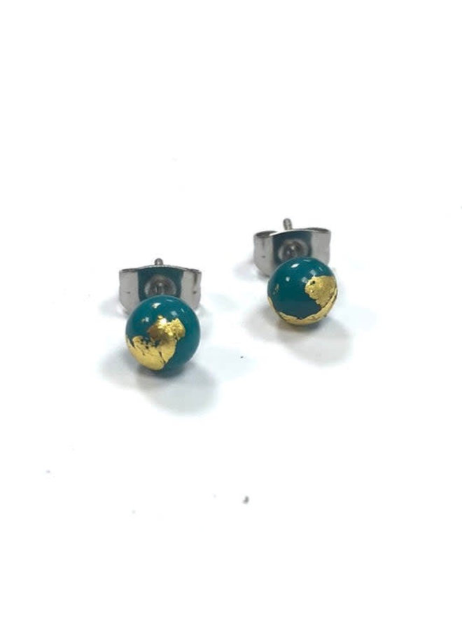 Teal and Gold  Glass tiny round stud earring 27