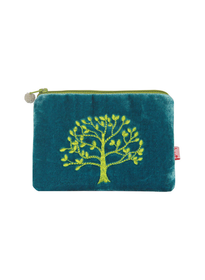 Aqua Blue Velvet Purse - Green Embroidered Oak Tree 500