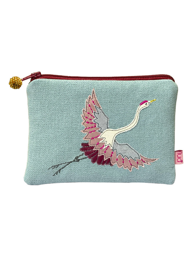 Turquoise Flying Crane -  Embroidered zip purse 502