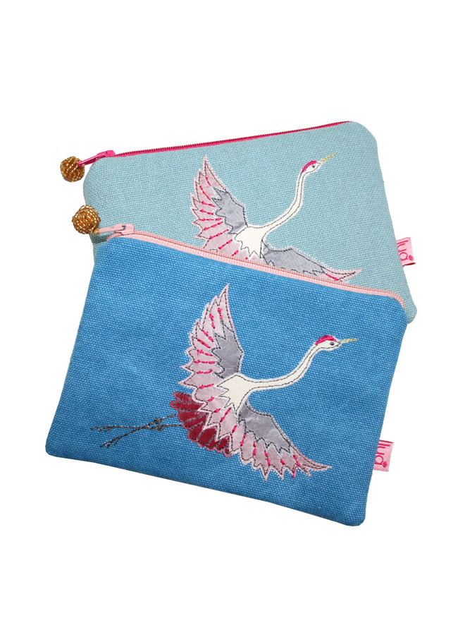 Turquoise Flying Crane -  Embroidered zip purse 502