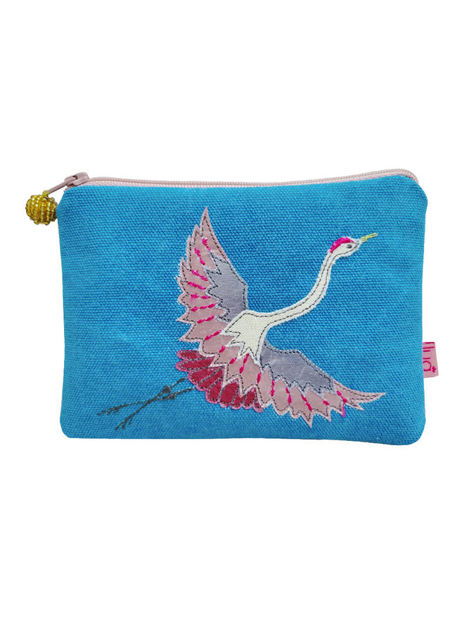 Blue Flying Crane -  Embroidered zip purse 503